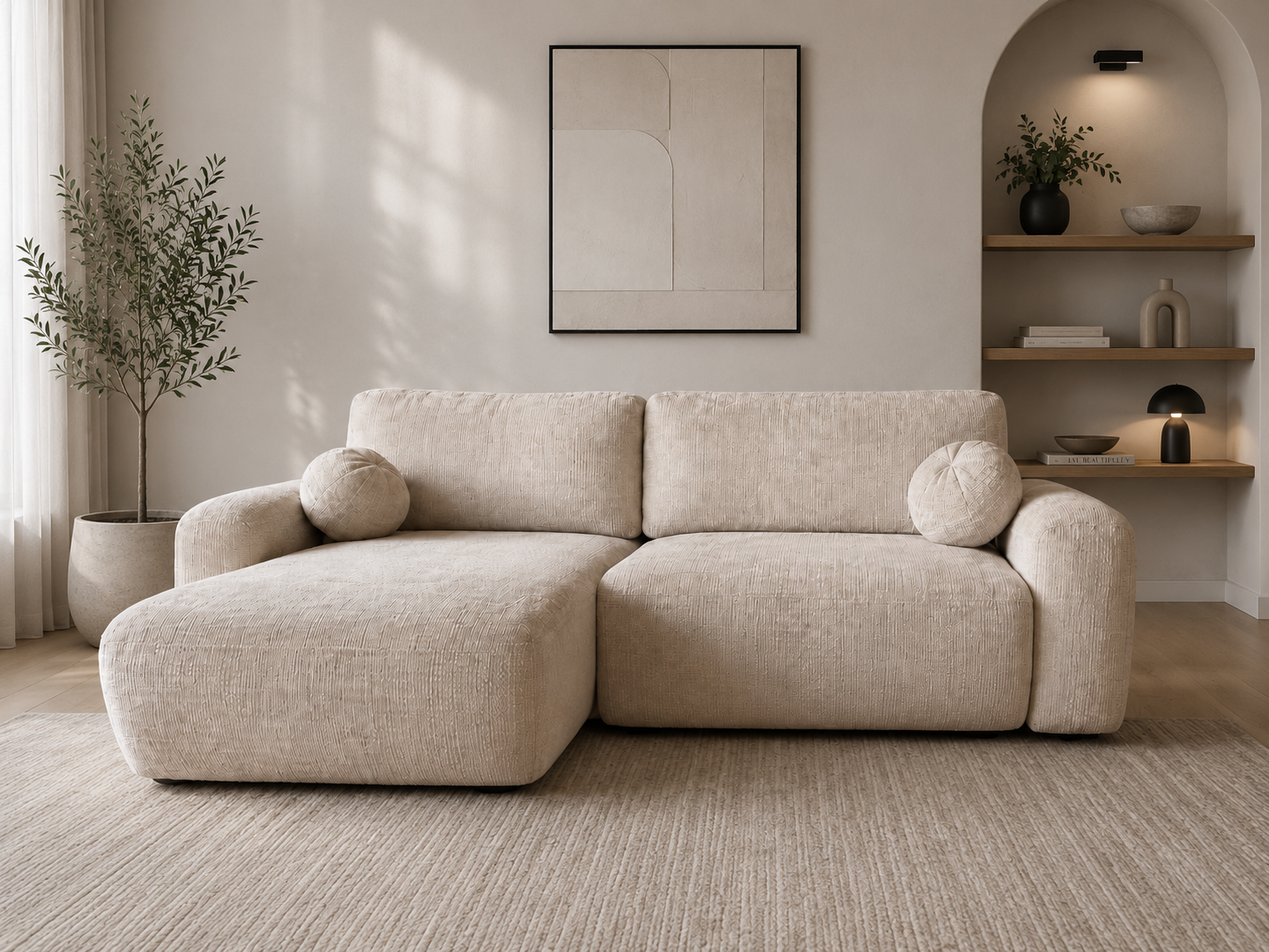 Canapé d'angle convertible réversible HomeDeLuxe Betis avec tissu gris clair, coussins moelleux et structure en bois solide.