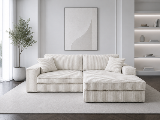 Canapé mini Lexus côtelé blanc cassé de HomeDeLuxe, assise compacte avec tissu côtelé et design moderne.