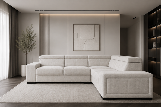 Canapé convertible Karola en tissu Marbella crème, design moderne, assise confortable avec coussins, par HomeDeLuxe.
