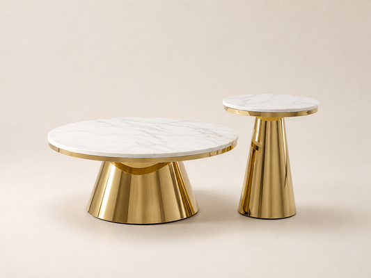 Table basse en marbre HomeDeLuxe avec plateau en marbre blanc et pieds en métal noir, design moderne et élégant.