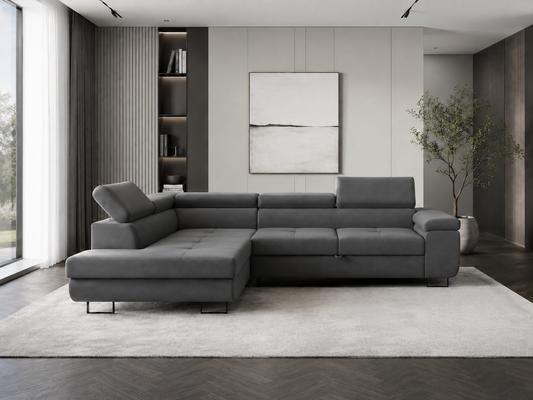 Canapé d'angle convertible HomeDeLuxe Tony gris anthracite avec coussins, tissu doux et structure moderne visible en image.