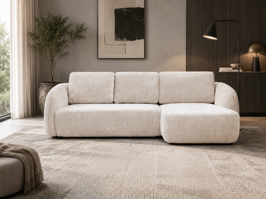 Canapé d'angle convertible Porto Marbella blanc cassé, design moderne, avec coussins confortables, en tissu doux, par HomeDeLuxe.