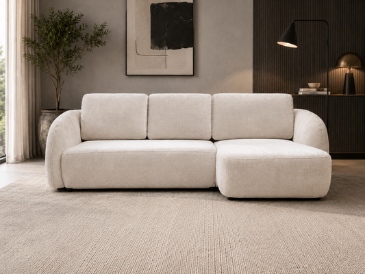 Canapé d'angle convertible Porto Marbella blanc cassé, fauteuil moderne en tissu avec coussins décoratifs, vue de face.