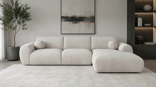 Canapé Cloud Marbella en tissu crème avec coussins confortables, design moderne et élégant pour salon.