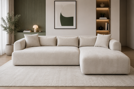 Canapé d'angle en velours beige HomeDeLuxe avec coussins, mobilier moderne pour salon élégant.
