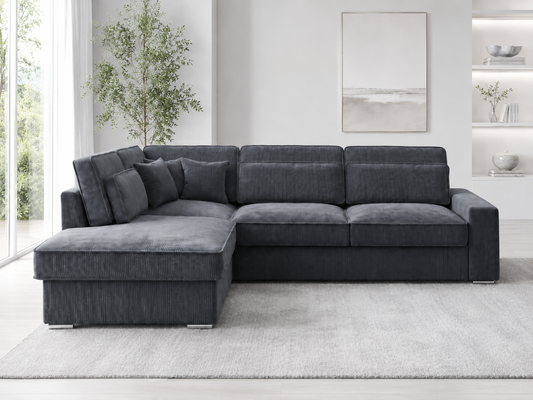 Canapé d'angle Lexus côtelé gris anthracite de HomeDeLuxe, design moderne avec coussins confortables et tissu texturé.