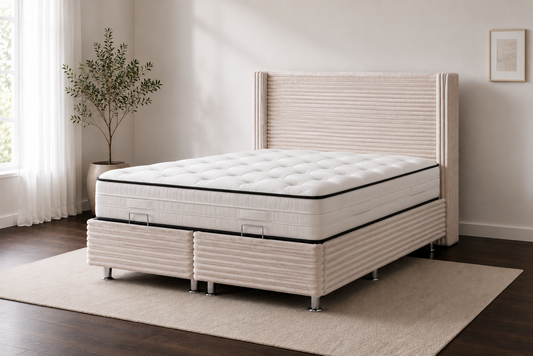 Lit coffre CLARA CREME de HomeDeLuxe avec cadre blanc, design épuré, idéal pour rangement dans une chambre moderne.