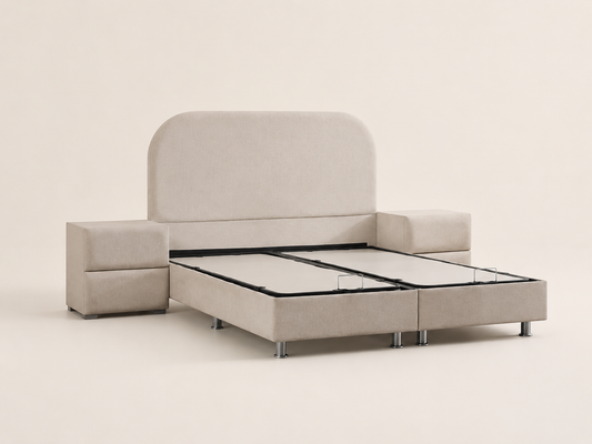 Lit coffre EDA blanc cassé en chenille de HomeDeLuxe, avec rangement intégré et tissu doux pour chambre moderne.