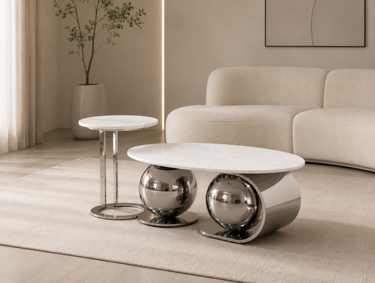 Table basse ovale Boule 120cm en bois avec finition élégante, par HomeDeLuxe, vue de dessus.