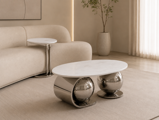 Table basse ovale Boule de 120cm de marque HomeDeLuxe, en bois clair avec finition lisse visible sur l'image.