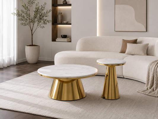 Table basse en marbre blanche de style moderne, fabriquée par HomeDeLuxe, avec surface lisse et piètement en métal noir.