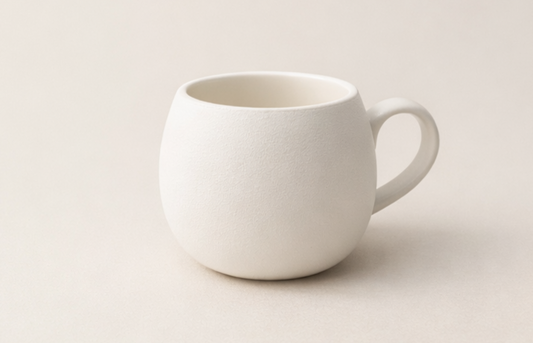 Deux mugs beiges chubby de la marque HomeDeLuxe, tasse en céramique avec poignée, visibles sur l'image.