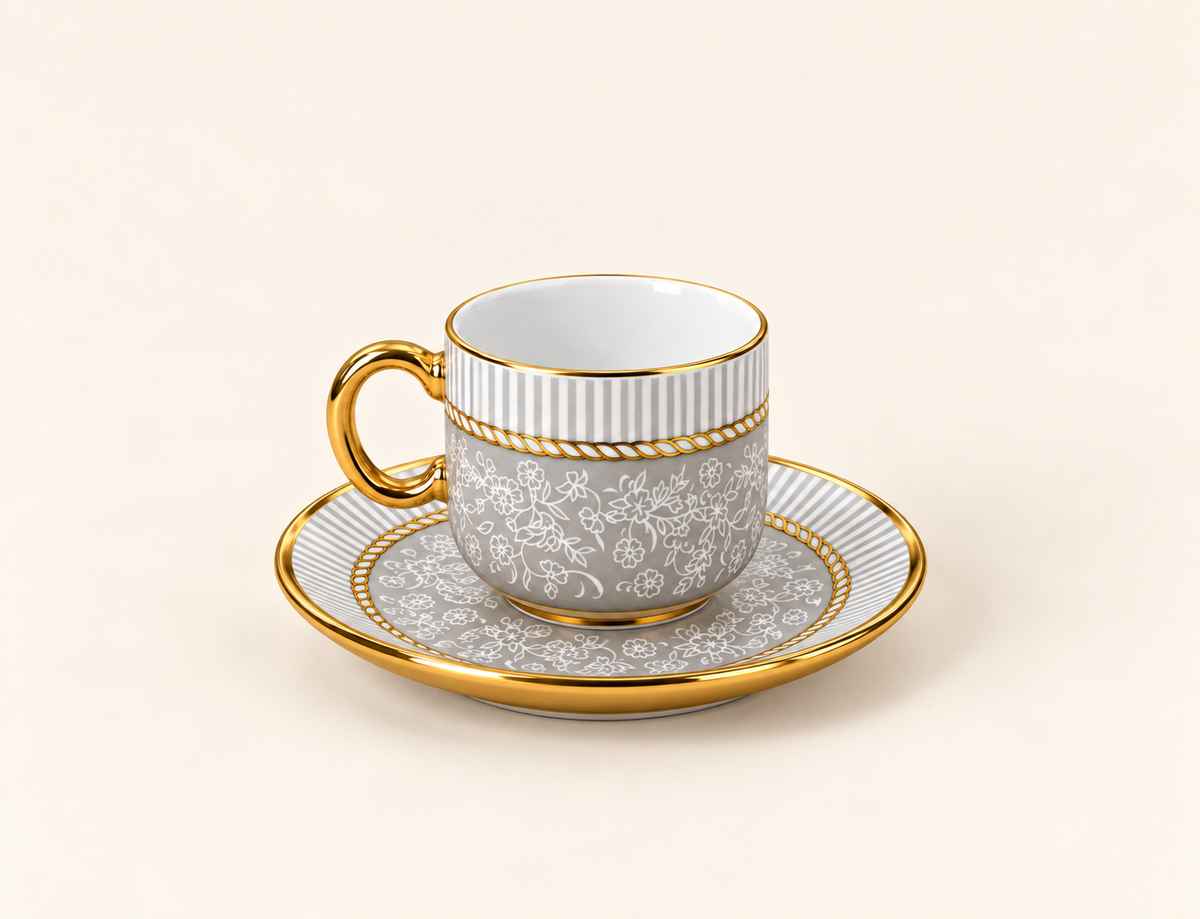 Six tasses & sous tasses gris doré