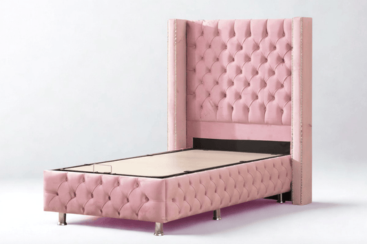 Lit enfant coffre CLOUTE ROSE en velours capitonné, avec espace de rangement, par HomeDeLuxe.