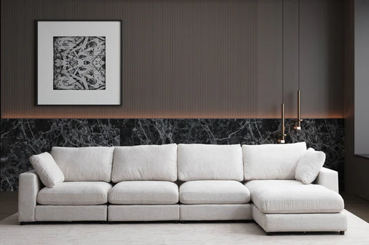Canapé modulable Julia en chenille avec 4 places et pouf, élégance moderne et confort, par HomeDeLuxe.
