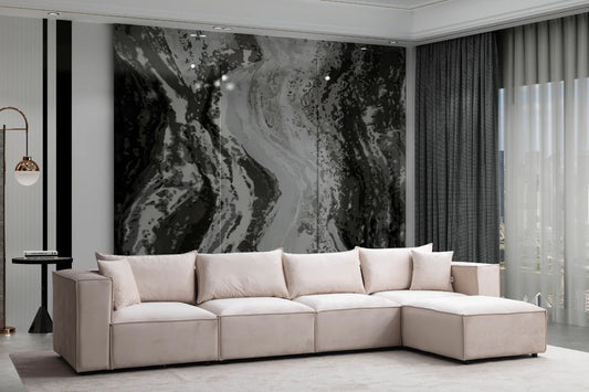 Canapé modulable Elégance Velours 4+1 avec pouf, design moderne, en tissu velours doux, couleur neutre, par HomeDeLuxe