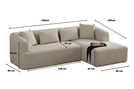 Canapé d'angle en chenille blanc cassé de la marque HomeDeLuxe, avec coussins et cadre en bois visible dans l'image.