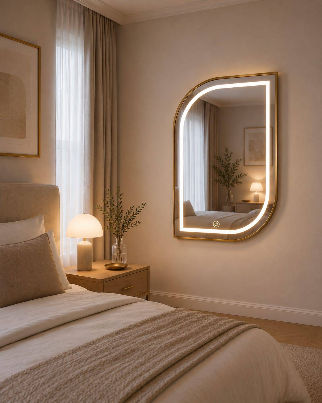 Miroir LED doré de style moderne, avec cadre brillant, parfait pour la décoration intérieure élégante.