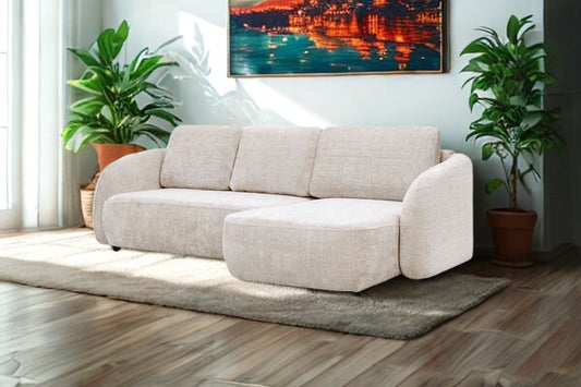 Canapé d'angle convertible HomeDeLuxe Porto Marbella blanc cassé avec coussins confortables et structure moderne.