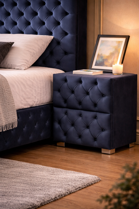 Table de chevet capitonnée gris anthracite avec tiroirs, design élégant, marque HomeDeLuxe, visible avec détails du rembourrage et poignée