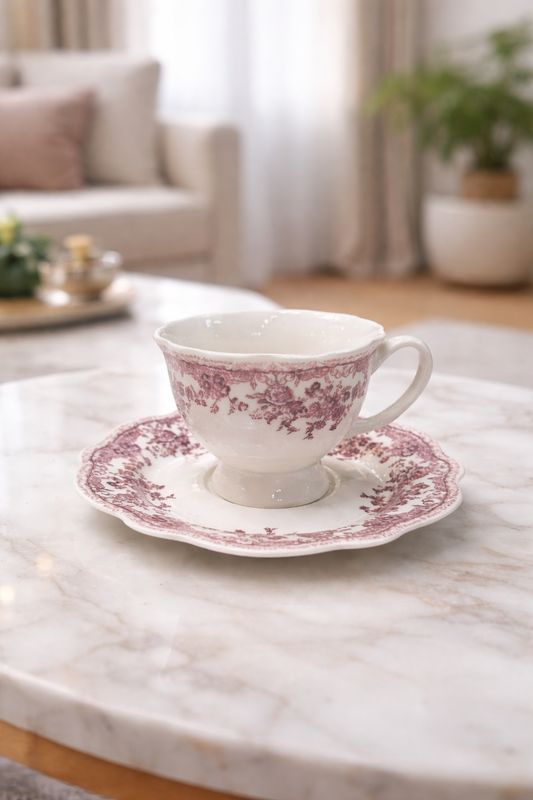 Tasses et sous-tasses rouge vintage de la marque HomeDeLuxe, avec design élégant et détails rétro visibles dans l'image.