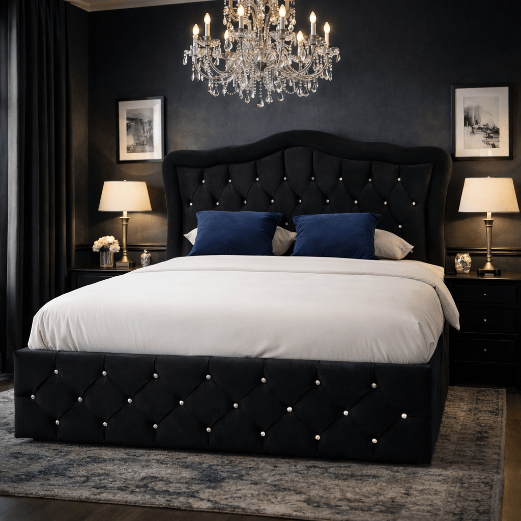 Cadre de lit VENISE BLANC CASSE en velours captionné avec strass, design élégant, finition blanche pour chambre moderne.