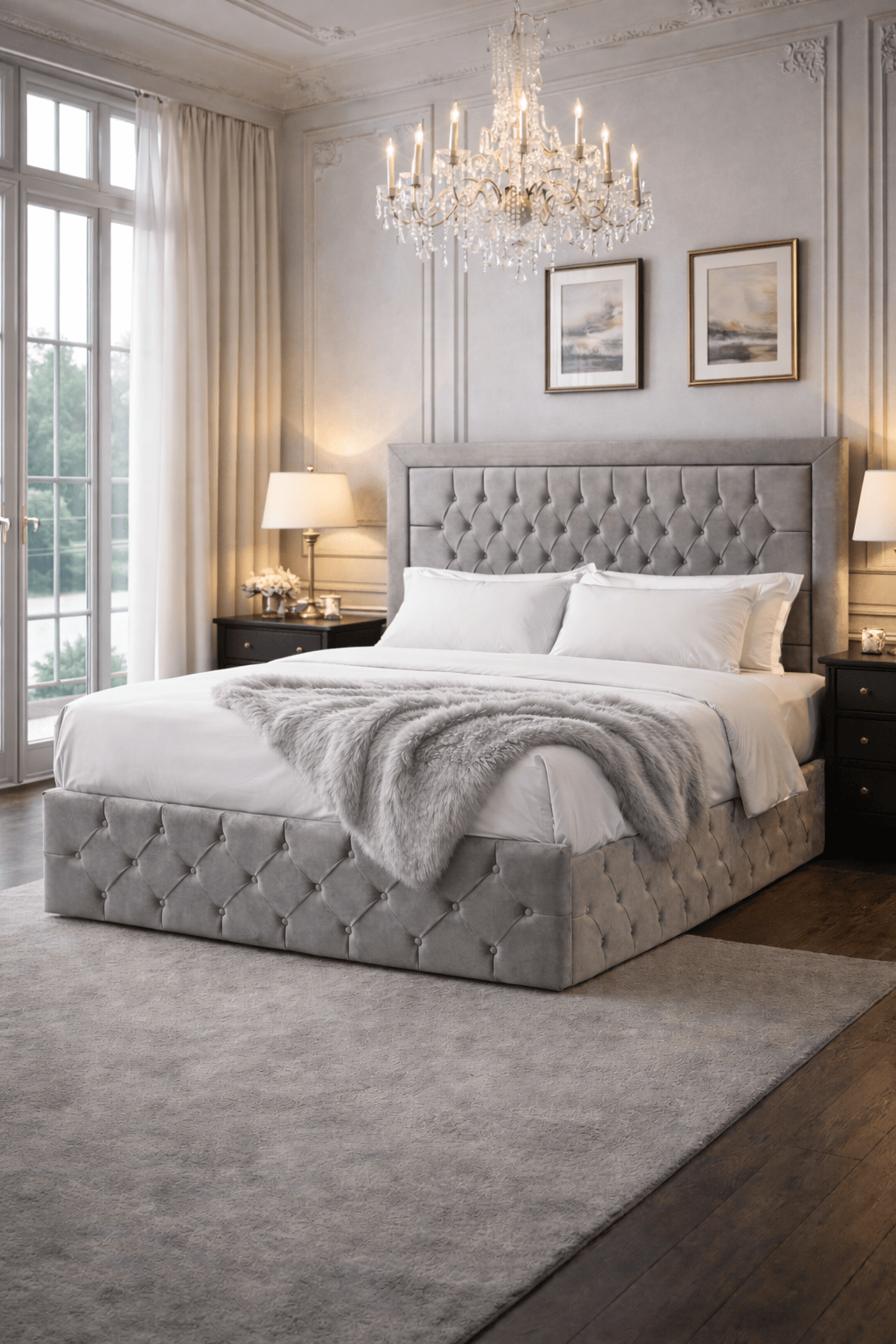 Cadre de lit ROMA beige en velours capitonné, élégant et confortable pour une chambre moderne et sophistiquée.