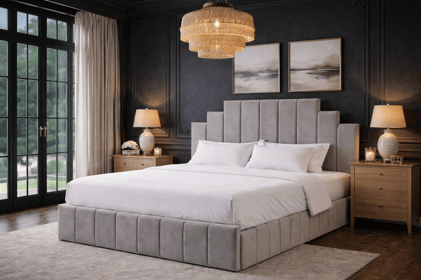 Cadre de lit Natura gris en velours de HomeDeLuxe, avec structure élégante et moderne pour chambre à coucher.