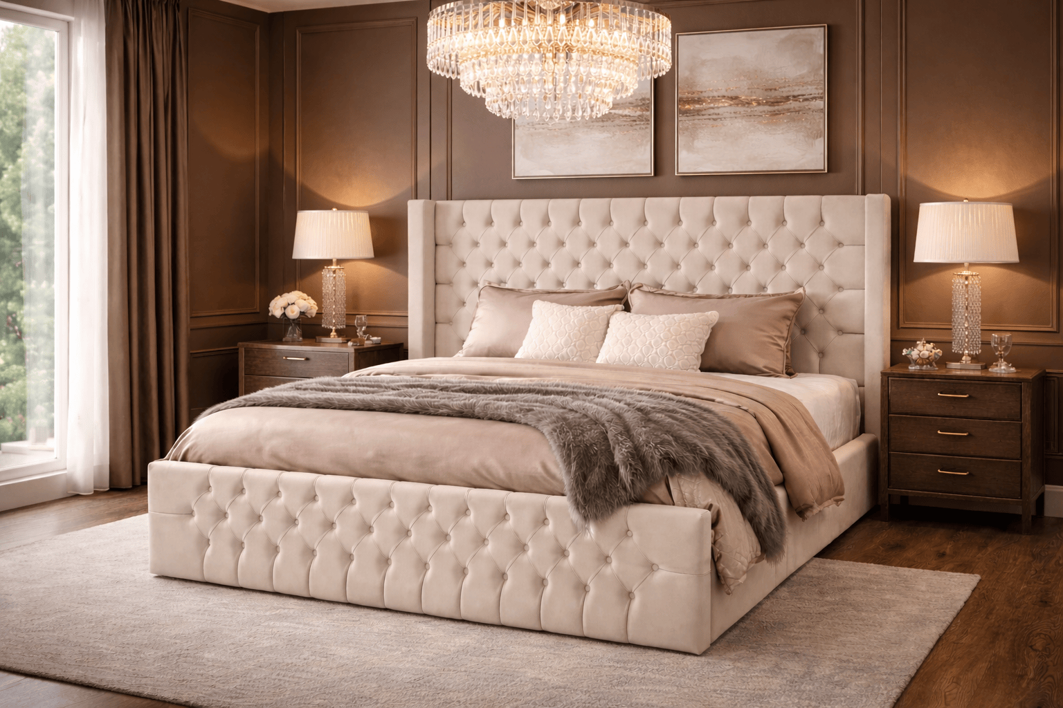 Cadre de lit en velours capitonné Cloute Bianca de HomeDeLuxe, finition élégante et design moderne pour chambre à coucher.