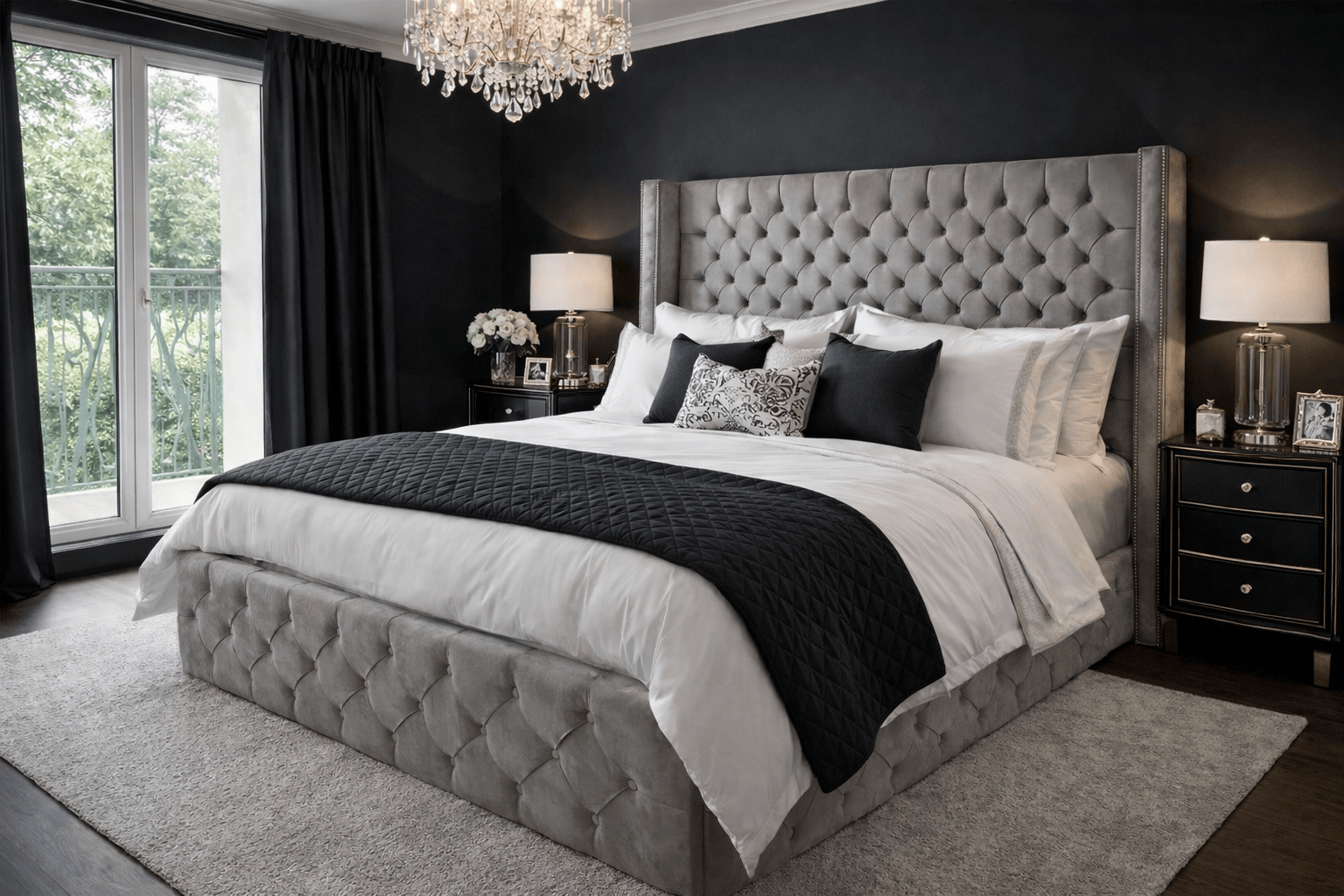 Cadre de lit CLOUTE gris en velours capitonné, design élégant, avec tête de lit rembourrée et finition chic pour chambre moderne