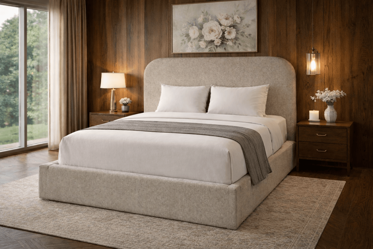 Cadre de lit en chenille Jade de HomeDeLuxe, structure robuste et design élégant pour chambre moderne.