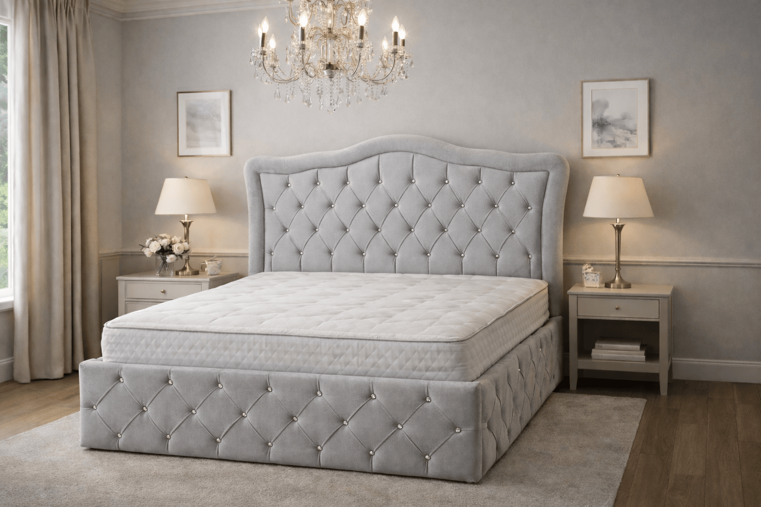 Cadre de lit VENISE BLANC CASSE en velours avec strass, finition élégante, aspect capitonné, design sophistiqué pour chambre moderne