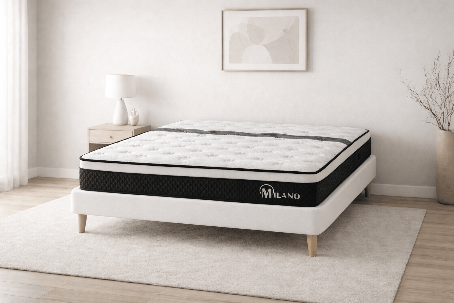 Matelas HomeDeLuxe Milano avec ressorts, 31 cm d'épaisseur, visible avec sa surface rembourrée et ses côtés en tissu blanc.
