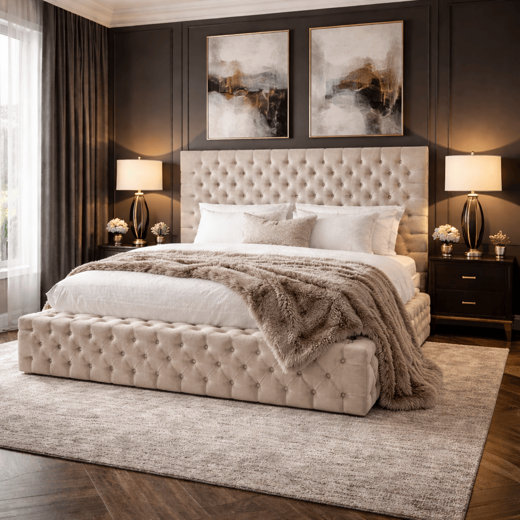 Cadre de lit beige ROYAL de la marque HomeDeLuxe, en bois élégamment conçu pour chambre à coucher.