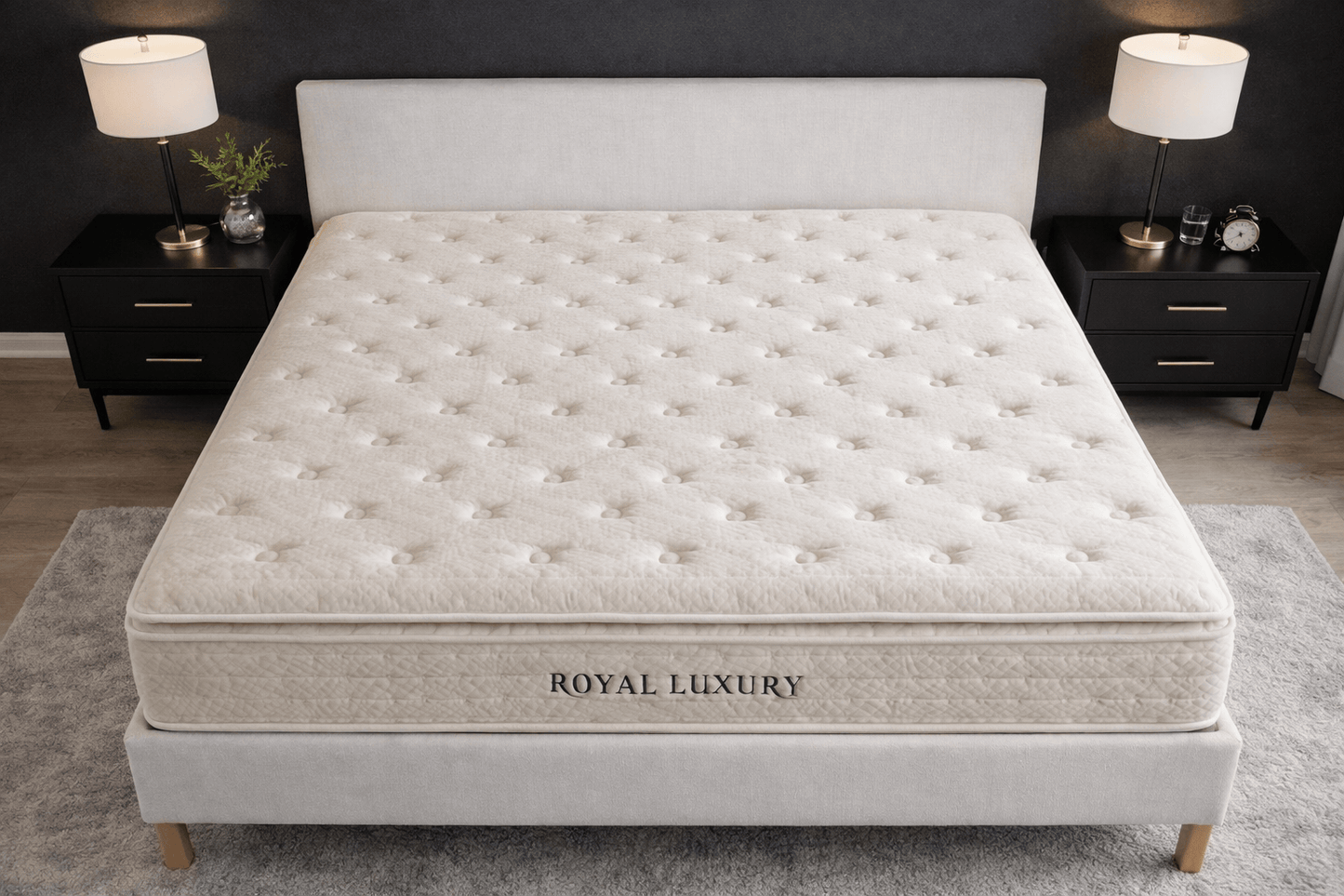 Matelas HomeDeLuxe ROYAL LUXURY Ressort de 36cm avec surface rembourrée et coutures visibles, vue de face sur le lit.