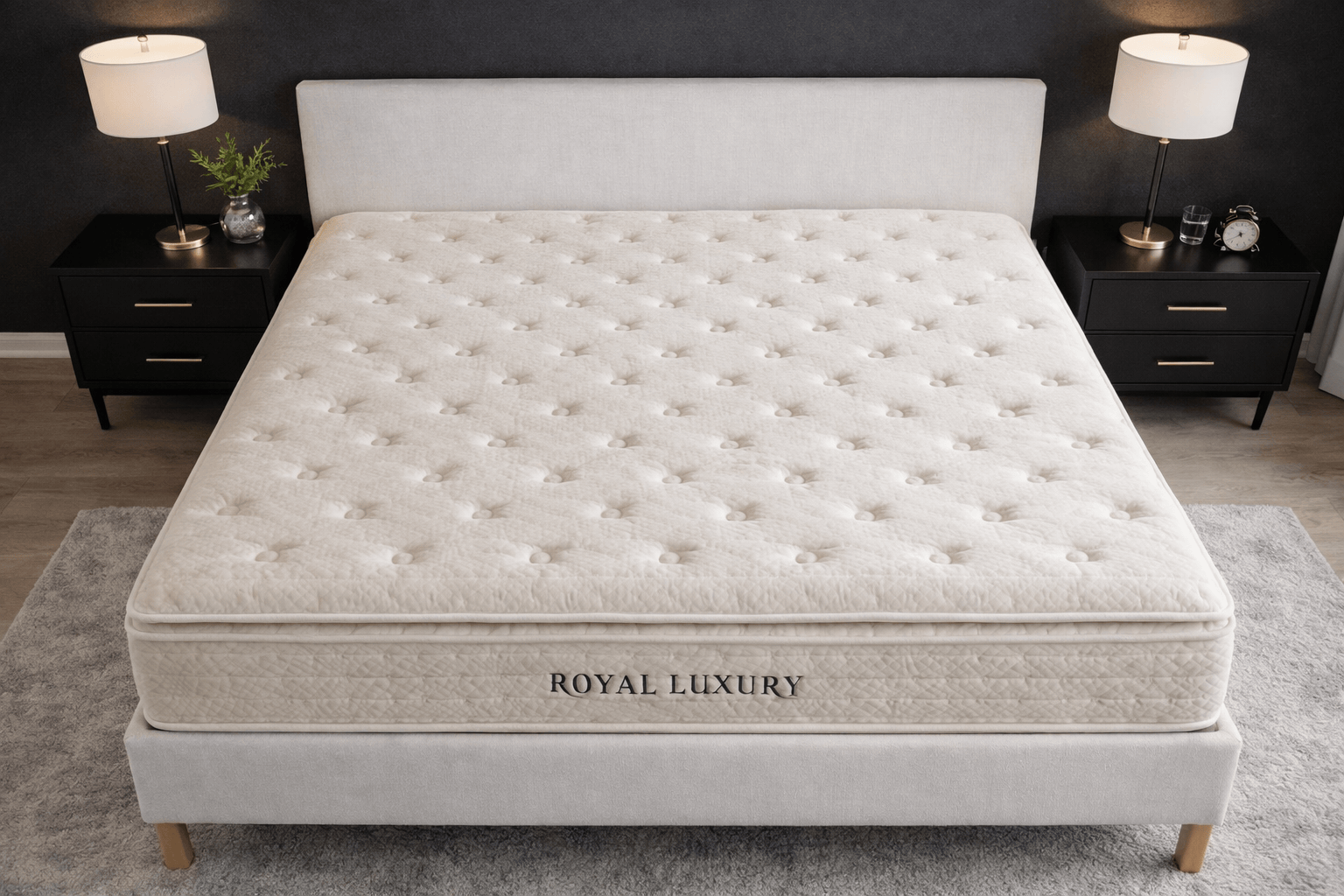 Matelas HomeDeLuxe ROYAL LUXURY Ressort de 36cm avec surface rembourrée et coutures visibles, vue de face sur le lit.