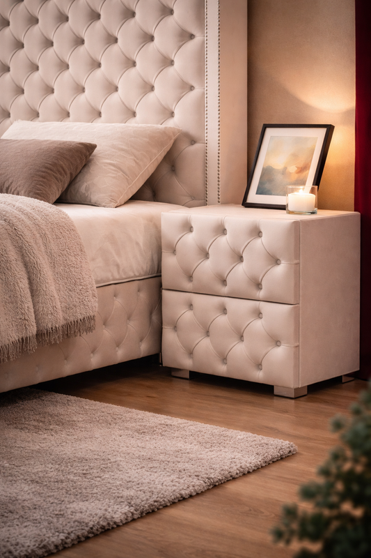 Table de chevet capitonnée beige avec tiroirs, design élégant et moderne, meuble pour chambre à coucher HomeDeLuxe.