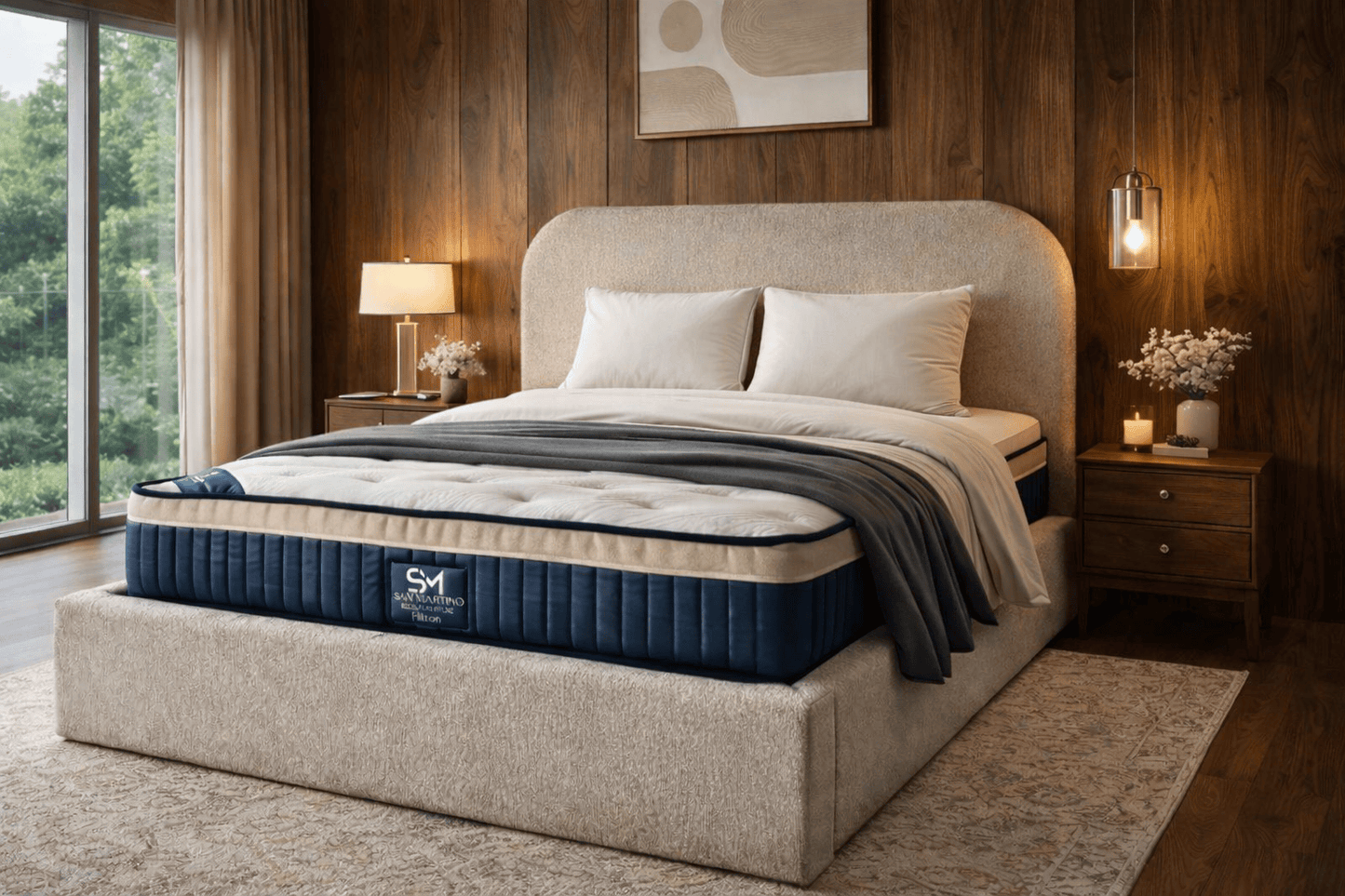 Cadre de lit Jade en chenille beige avec design moderne, robuste et confortable pour chambre à coucher élégante.