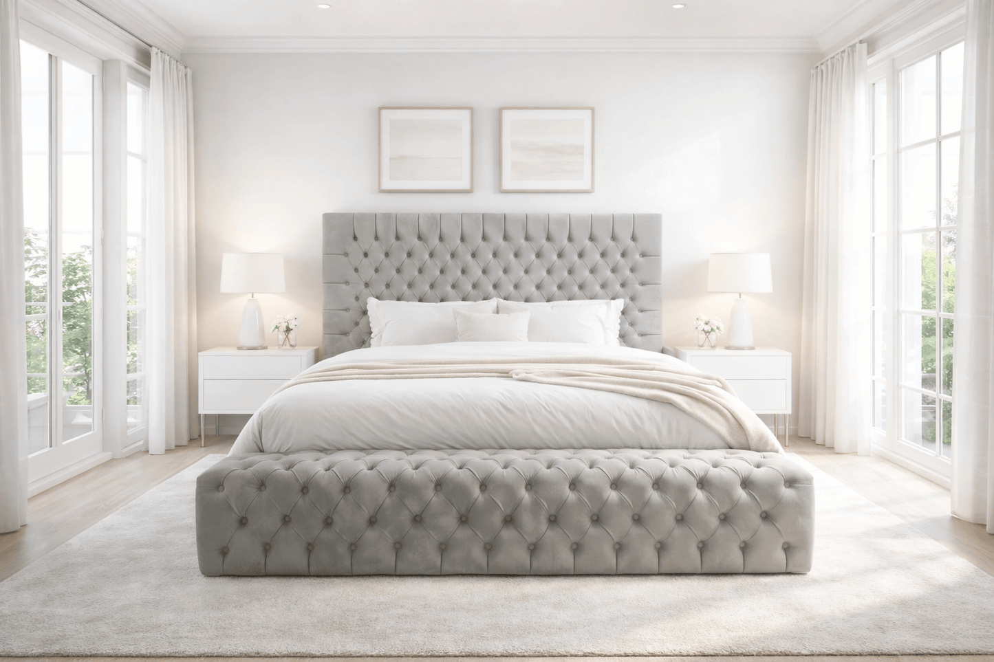 Cadre de lit gris Royal de HomeDeLuxe, structure solide en bois, avec panneau de tête design moderne pour chambre à coucher élégante.