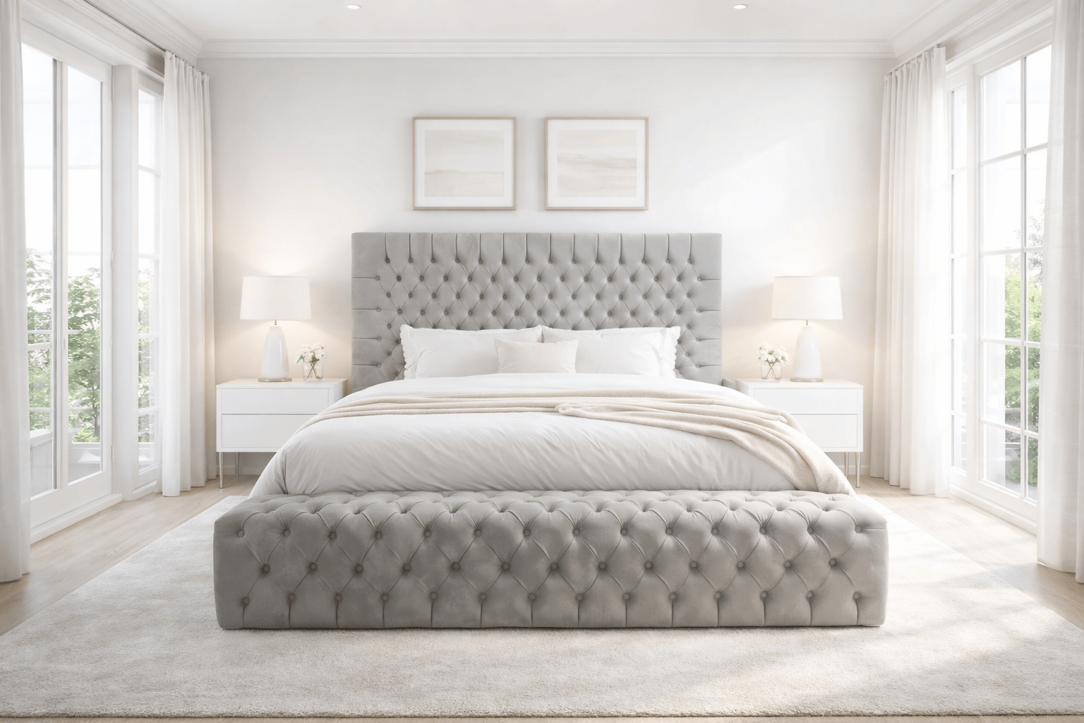Cadre de lit gris Royal de HomeDeLuxe, structure solide en bois, avec panneau de tête design moderne pour chambre à coucher élégante.