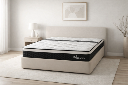 Matelas HomeDeLuxe Milano avec ressorts de 31 cm d'épaisseur, montrant sa surface rembourrée et ses côtés en tissu gris.