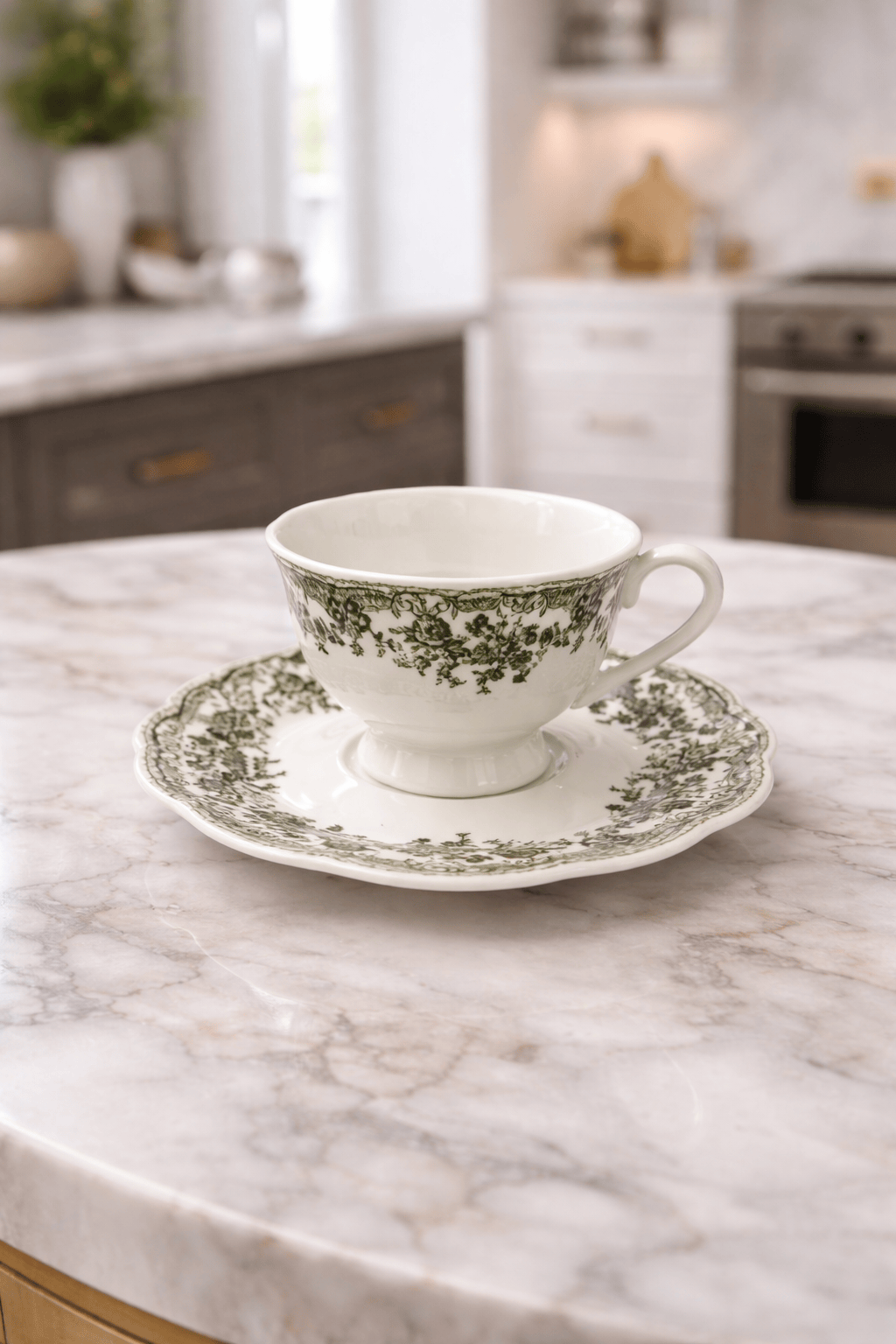 Ensemble de tasses et sous-tasses vintage vertes de la marque HomeDeLuxe, avec motifs élégants et finition colorée.