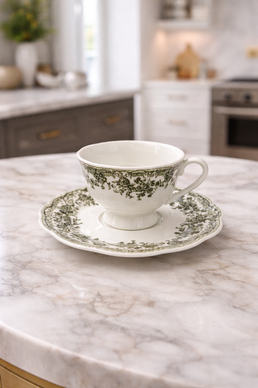 Ensemble de tasses et sous-tasses vintage de la marque HomeDeLuxe, avec motifs rétro et finition élégante.