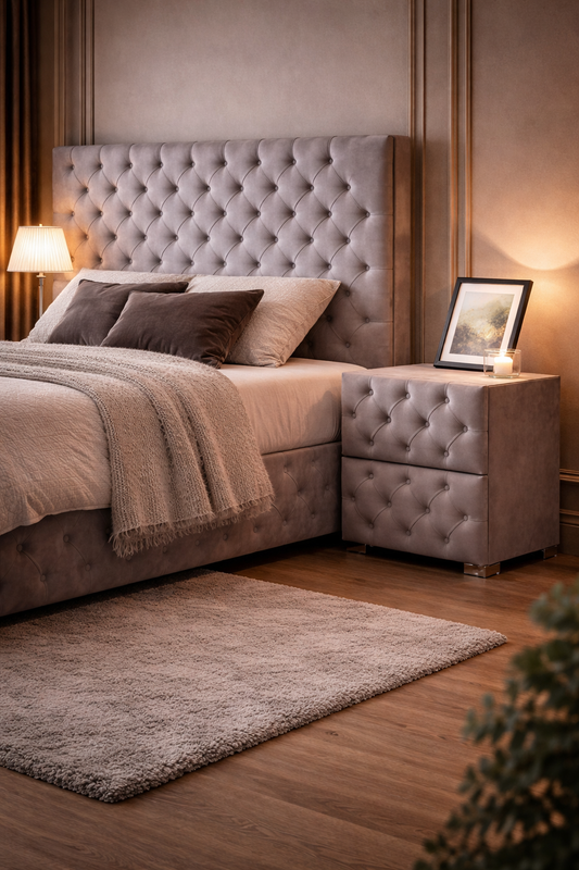 Table de chevet capitonnée gris de style moderne, avec surface lisse et pieds en bois, pour chambre élégante.