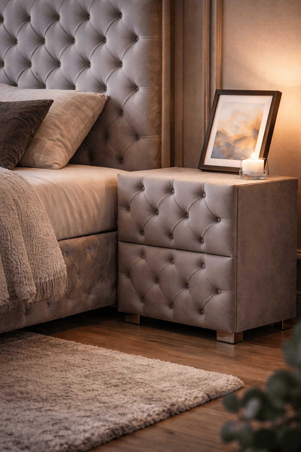 Table de chevet capitonné GRIS - Home de Luxe France 