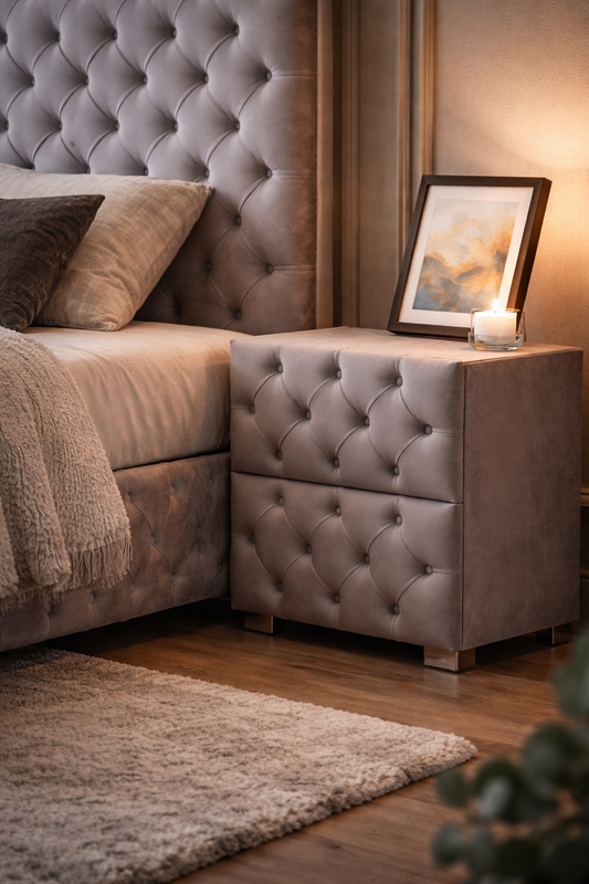 Table de chevet capitonnée gris de HomeDeLuxe, meuble élégant avec finition rembourrée, idéal pour chambre à coucher moderne