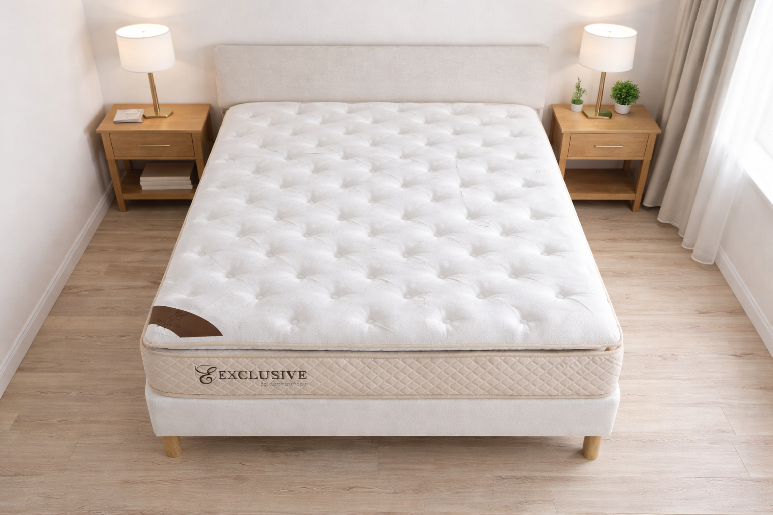 Matelas HomeDeLuxe Ressorts beige de 32 cm avec surmatelas intégré, vue en gros plan montrant la texture du tissu et la finition.