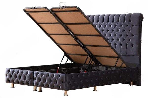 Lit Coffre LUNA GRIS ANTHRACITE - Velours capitonné