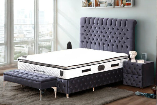 Lit Coffre LUNA GRIS ANTHRACITE - Velours capitonné