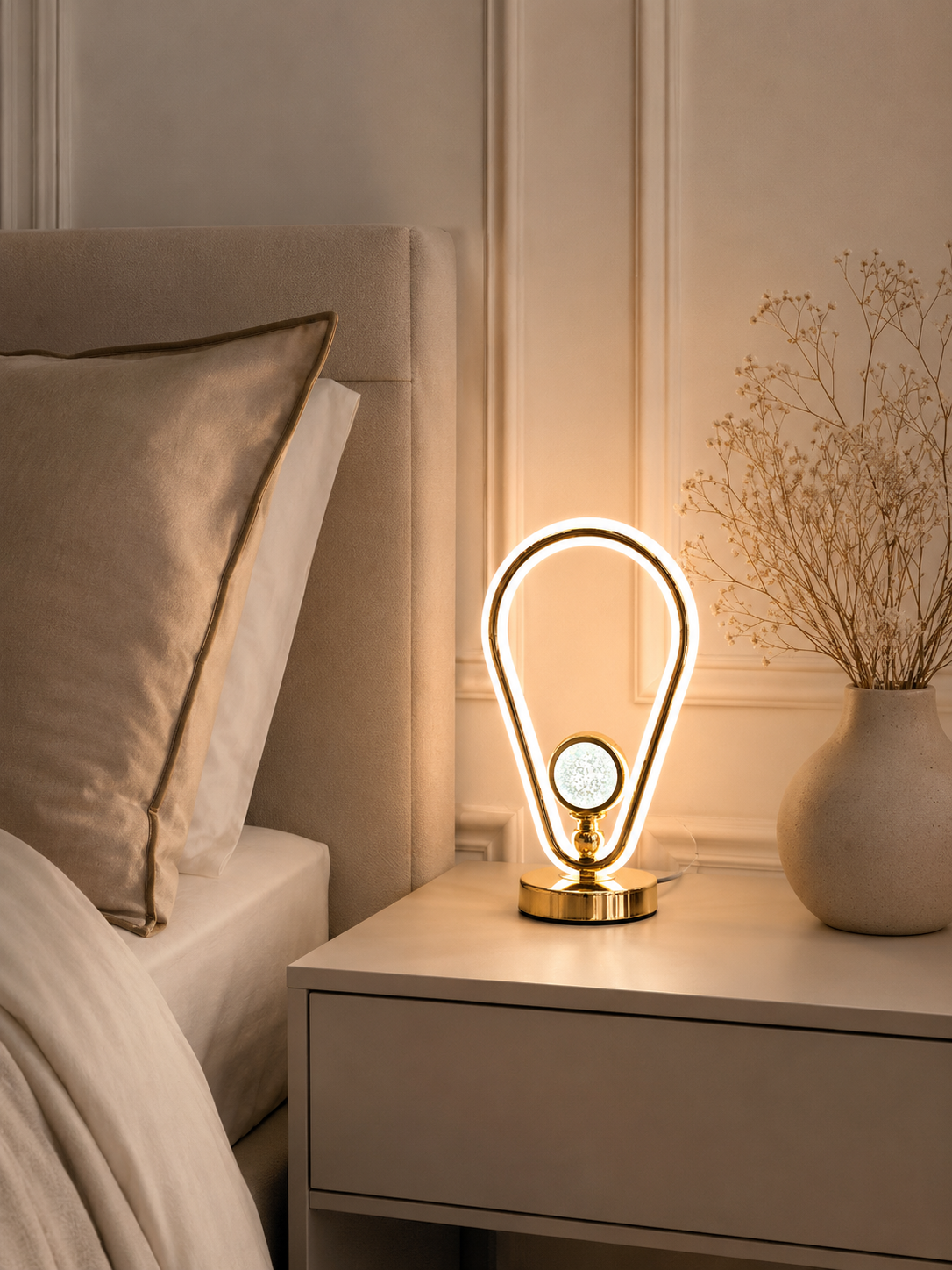 Lampe LED HomeDeLuxe en forme de triomphe avec structure métallique brillante et design moderne, éclairage lumineux et élégant.